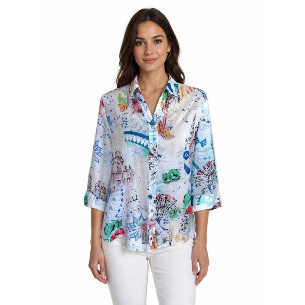 Chico’s White Multicolor Printed Button-Up Shirt Size 1 (8)